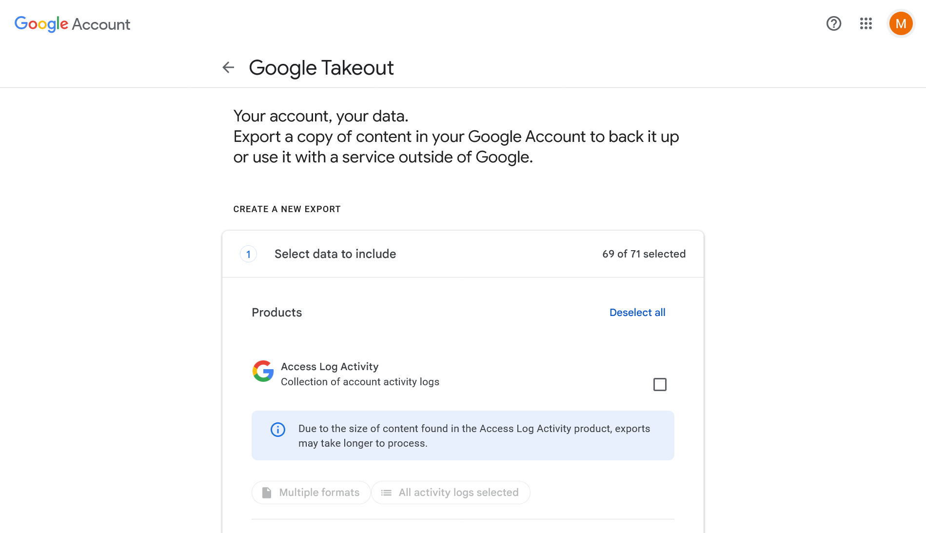 Google Takeout home page screenshot