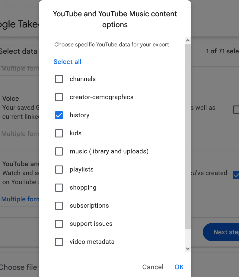 YouTube and YouTube Music content options popup