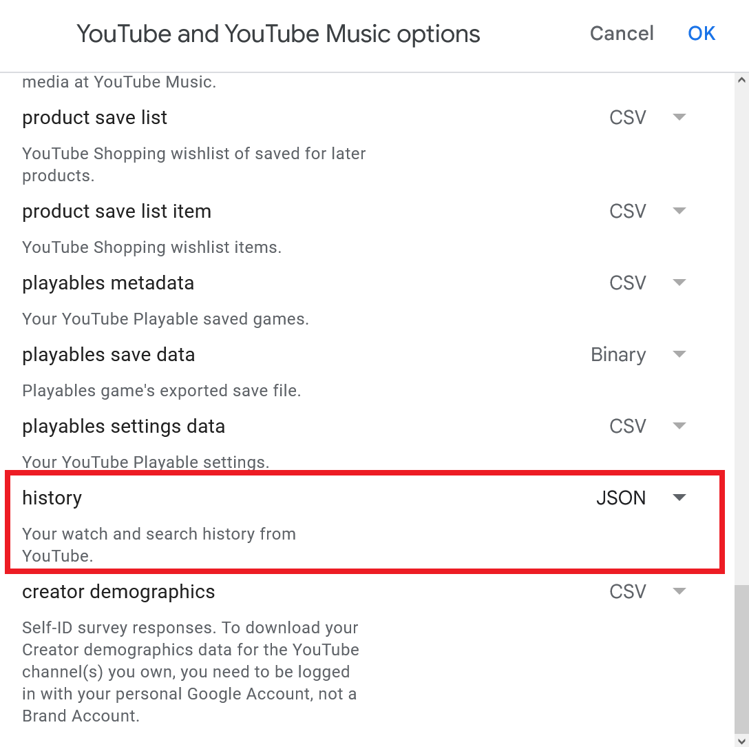 YouTube data options popup